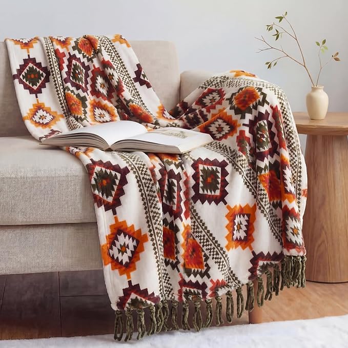 CASAAGUSTO Boho Throw Blanket - Orange and Green Decorative Blankets with Tassel, Printed Flannel Bohemian Blanket for Chair, Bed, Sofa, Couch(50 * 60, Orange and Green)