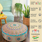 Mandala Life ART Moroccan Large Floor Pillow Cover with Tassels and Ponpon Bedroom Décor Round Pouf Ottoman Boho Chic Seating Area Beanbag Footstool Stool Cotton 24x8 Unstuffed