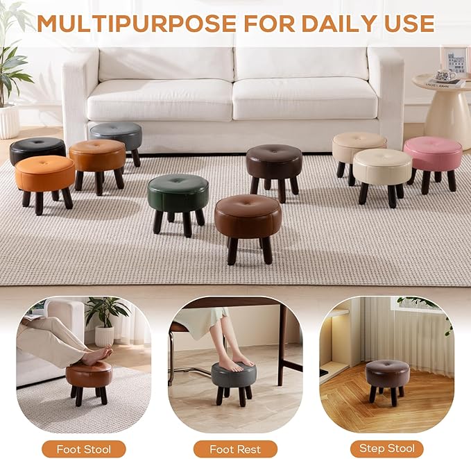 Small Foot Stool Ottoman, Round Pouf Foot Rest, Footstool Ottomans with Rubber Legs Under Desk, Faux Leather Footrest for Couch, Living Room, Bedroom, Hallway, Office, 13''L x 13''W x 10.2''H