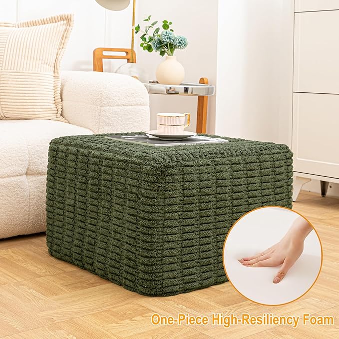 20x20x14 Inches Fluffy Square Pouf Ottoman - Plush Furry Boneless Ottoman Foot Rest Stool with High-Density Foam, Versatile Floor Seating for Living Room (Green)