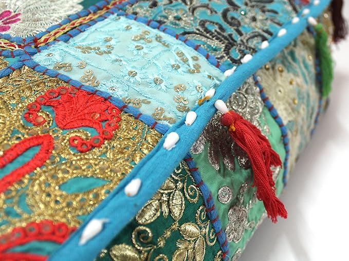 Mam Treasures Indian Bohemian Decorative Pillow Vintage Cushion Cover Patchwork Square Floor Pillow Cover Meditation Cushion Large Floor Pillow Indian Cushion (Light Blue, 22 X 22 X 5 Inch)