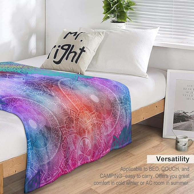 Mandala Throw Blanket Colorful Floral Flowers Bohemian Boho Blanket for Sofa Bed Couch Chair Or Dorm 70"x80"