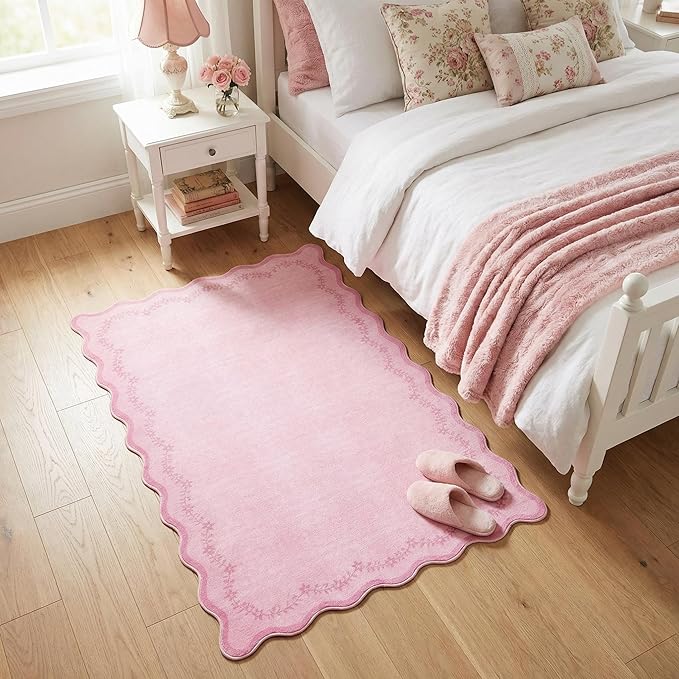 GarveeHome 3x5 Scalloped Washable Area Rug for Bedroom,Soft Solid Pink Entryway Rug Non Slip Low Pile Carpet Stain Resistant Throw Rug for Bedside Kids Room Office Dining Room