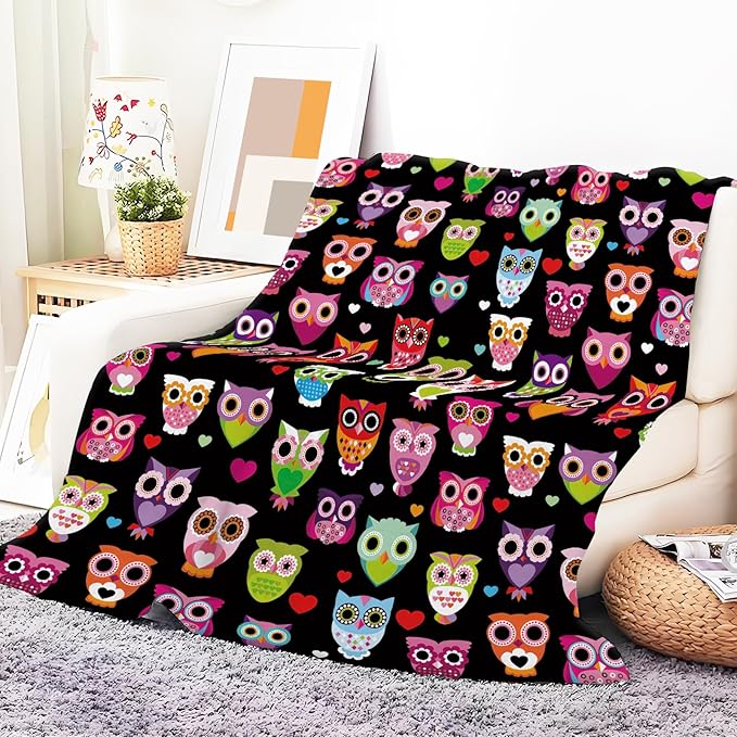 Throw Blanket for Couch, 300GSM Warm Soft Cozy Flannel Blanket, Cute Blanket for All Seasons Bedroom Home Decor Gifts, Colorful Boho Owls 50x60 Inches