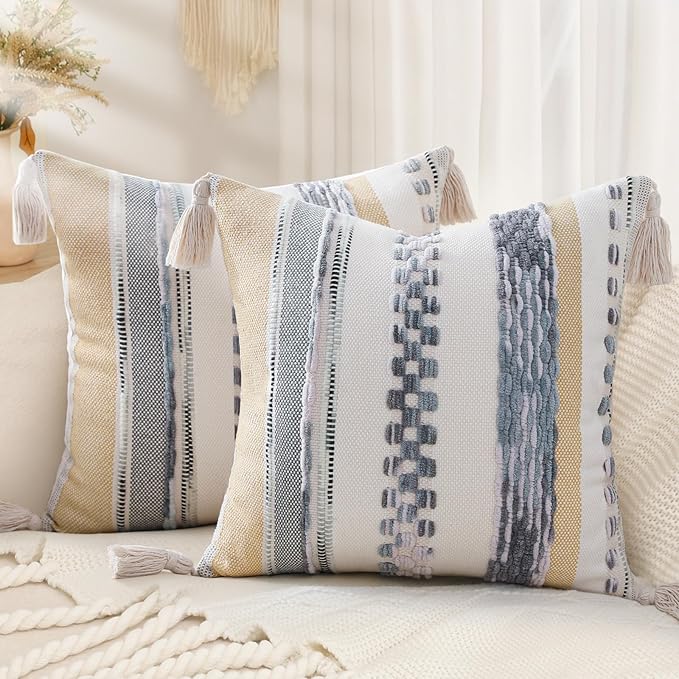 decorUhome Boho Decorative Throw Pillow Covers 18x18 Set of 2, Striped Chenille Tufted Pillow Covers with Tassels for Couch Bed Sofa, Cream White and Light Grey