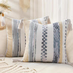 decorUhome Boho Decorative Throw Pillow Covers 18x18 Set of 2, Striped Chenille Tufted Pillow Covers with Tassels for Couch Bed Sofa, Cream White and Light Grey