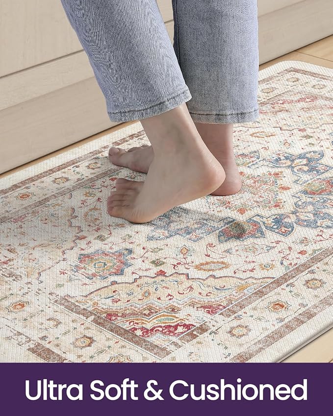 DEXI Kitchen Mats for Floor Cushioned, 23x35 Wide Runner Rug Non Slip, Waterproof Soft Comfort Standing Padded Anti Fatigue Decorative, Beige/Ivory