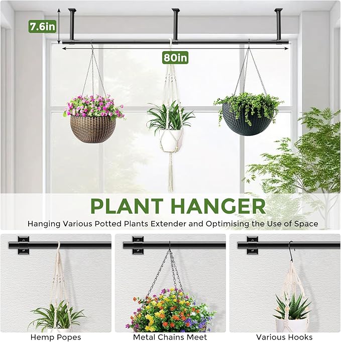 Hanging Planters for Indoor Plants, 80 Inch Heavy Duty Plant Hanger Indoor, 1 Inch Diameter Metal Rod, Hanging Plant Holder for Window Wall, Matte Black , Square Flange Base, Pot Not Included