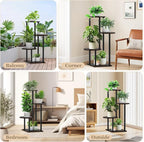 4 Tier Plant Stand Indoor, Metal Wooden Tall Plant Shelf Flower Pot Stand for Multiple Plants, Corner Flower Holder Plant Display Rack for Living Room Balcony Patio Garden (Black)