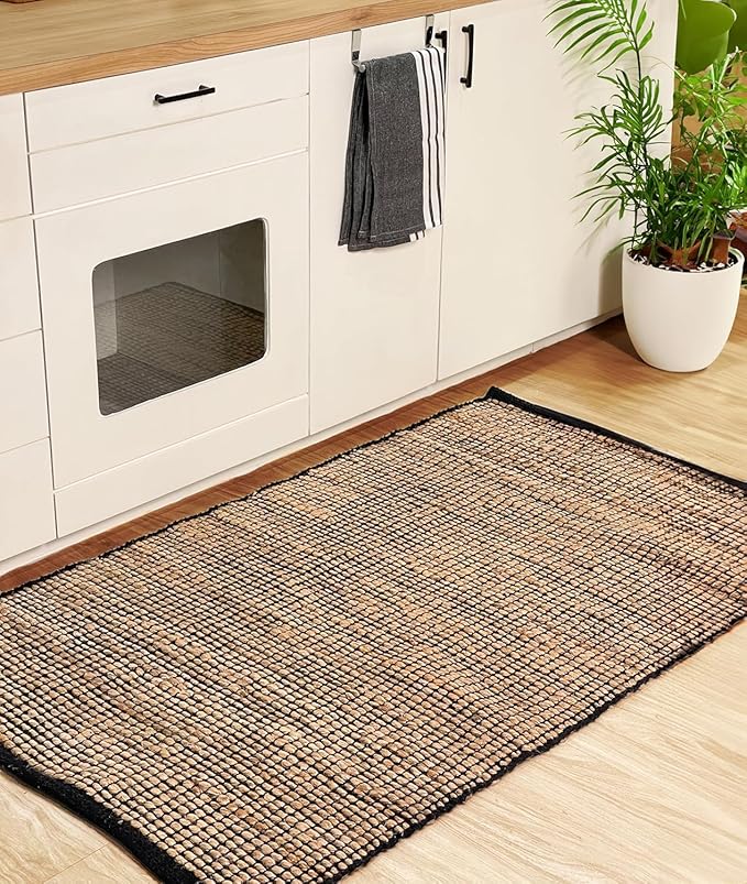 Chardin home 3x5 Jute Cotton Handwoven Area Rug | Braided Boho Farmhouse Rug in Natural Jute/Black | Rustic Vintage Floor Covering for Living Room, Bedroom, Kitchen, and Entryway