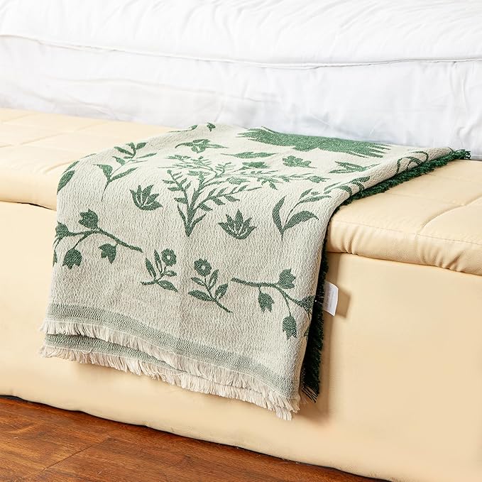 LALIFIT Boho Chic Decorative Throw Blanket Vintage Woodland Floral Bird Design with Tassels Soft Cotton Lightweight & Cozy for Home, Couch, Sofa, Farmhouse 50x60 Inches (Forest Green)
