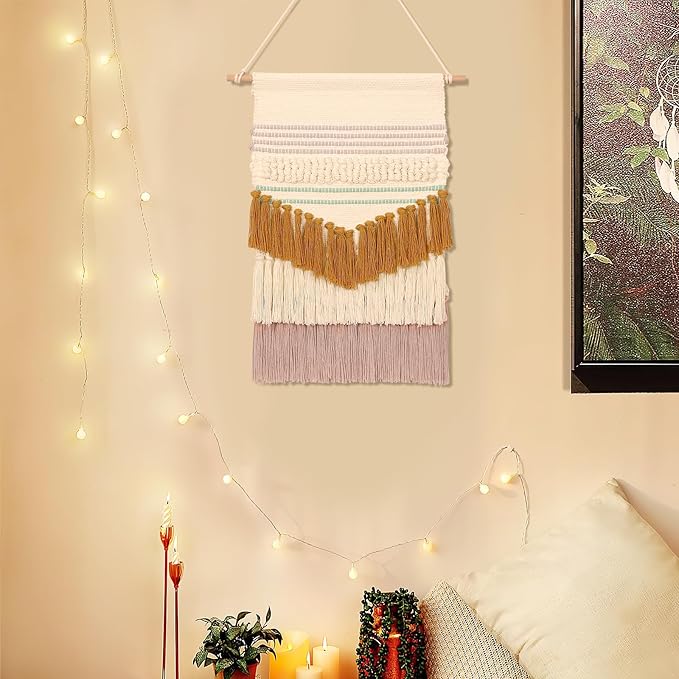LOMOHOO Macrame Wall Hanging Woven Tapestry with Tassel Tufted Colorful Geometry Tapestries Blue Yellow Pink Bohemian Art Boho Chic Decor Bedroom Apartment Home Decoration(Pink and Yellow)