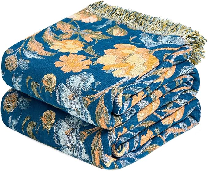 Boho Throw Blanket for Couch Sofa Chair Cotton Spring Blankets for Bedroom Living Room All Season Soft Lightweight Reversible Floral Bird Embroidery Decorative Throws 50"x60"