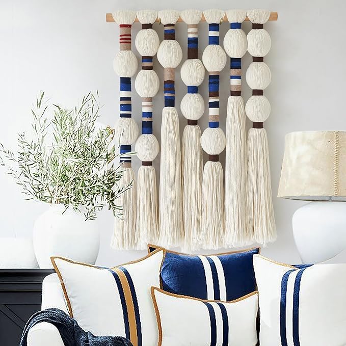 Flber Macrame Wall Hanging Woven Blue Handmade Cotton Yarn with Ball-shaped Tassels Geometric Boho Wall Decor for Bedroom & Living Room 15.7" Wx 21.6" L