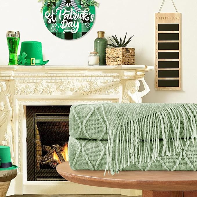 inhand Basil Green Knitted Throw Blanket for Couch and Bed, St. Patrick’s Day Lucky Spring Gifts Throw for Her or Him, Soft Farmhouse Woven Blanket with Tassel, Lightweight Decorative, 50"x60"