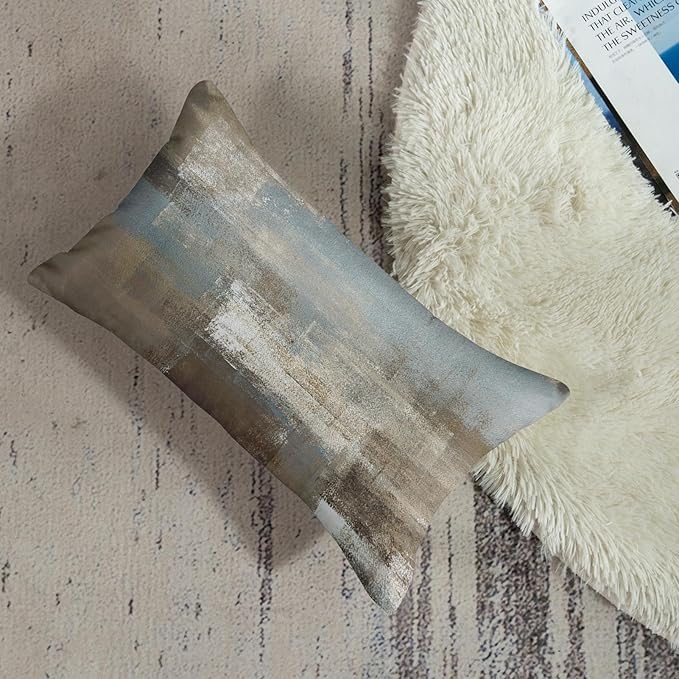 Britimes Throw Pillow Covers Modern Home Art Decor, 12 x 20 Inches Set of 2 Pillow Cases Decorative, Abstract Oil Painting Pillowcases for Bedroom, Living Room, Grey Beige