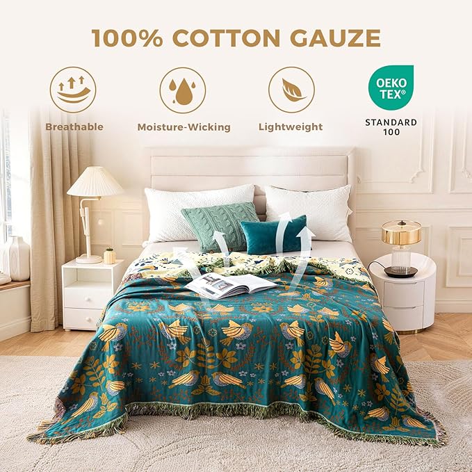 Boho Throw Blanket for Couch 100% Cotton Soft Birds and Floral Double Embroidery Breathable Spring Throw Blankets,50"x60" All Season Reversible Throws for Sofa Chair Livingroom Home Decor