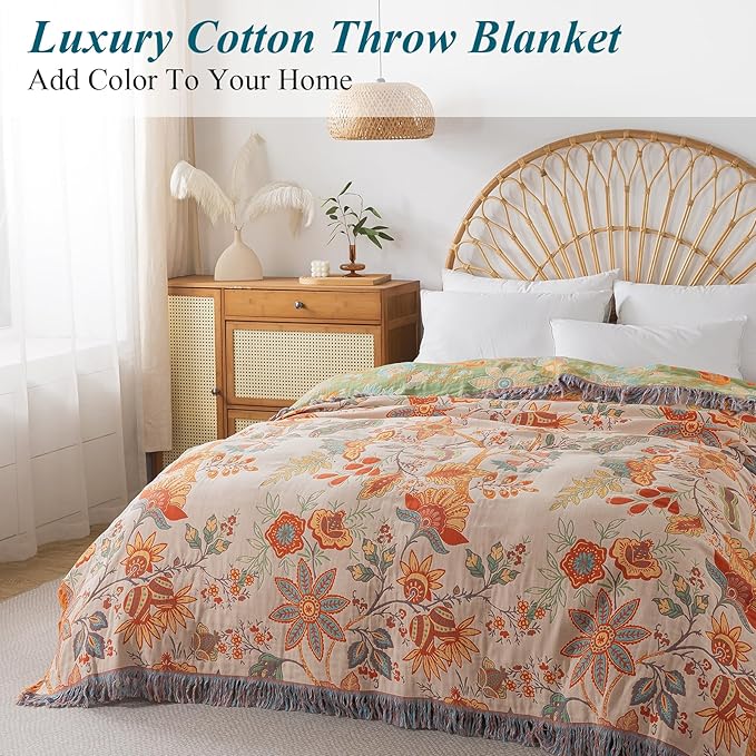 Boho Throw Blanket for Bed-100% Cotton Soft Breathable Farmhouse Decor Boho Quilt for Sofa (Boho Flowers, 60"x80")