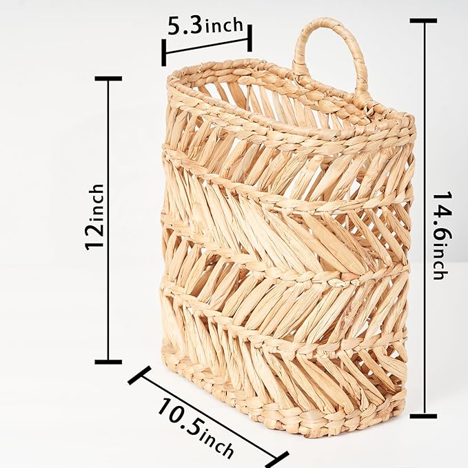 Hanging Basket for Front Door & Wall - Large Farmhouse Outdoor Planter, Holds Plants Mail Flowers, Woven Water Hyacinth Organizer, 12x10.5x5.3in