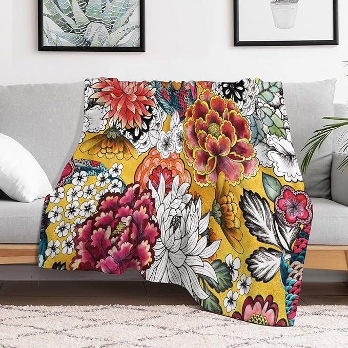 Boho Floral Throw Blanket Bohemian Colorful Flowers Print Mandala Blanket for Sofa Bed Couch Chair Or Dorm 50"x60"