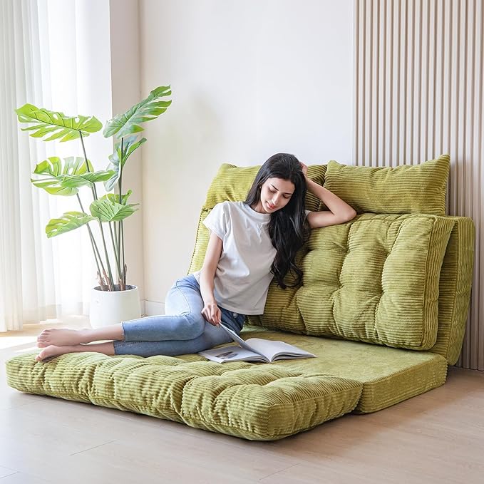 MAXYOYO Folding Sofa Bed, Tufted Bean Bag Bed with Pillows Floor Mattress for Adults, Extra Thick and Long Floor Sofa, Full Floor Couch Bed for Bedroom Living Room, Green, 54x91 Inch