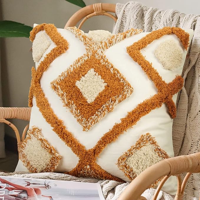 Merrycolor Boho Throw Pillow Covers 18x18 Orange Woven Tufted Decorative Pillow Covers Modern Accent Bohemian Square Pillow Cases for Couch Sofa Bedroom Living Room (No Pillow Insert,1Pcs)