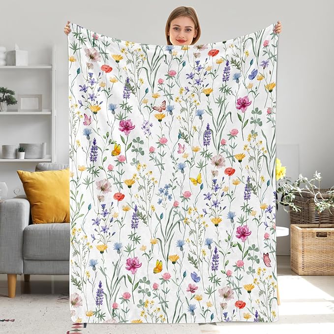 Watercolor Floral Throw Blanket Colorful Wildflower Blankets Botanical Plant Leaf Bed Blanket Flower Butterfly Flannel Fleece Throw Blanket for Couch “60x80”