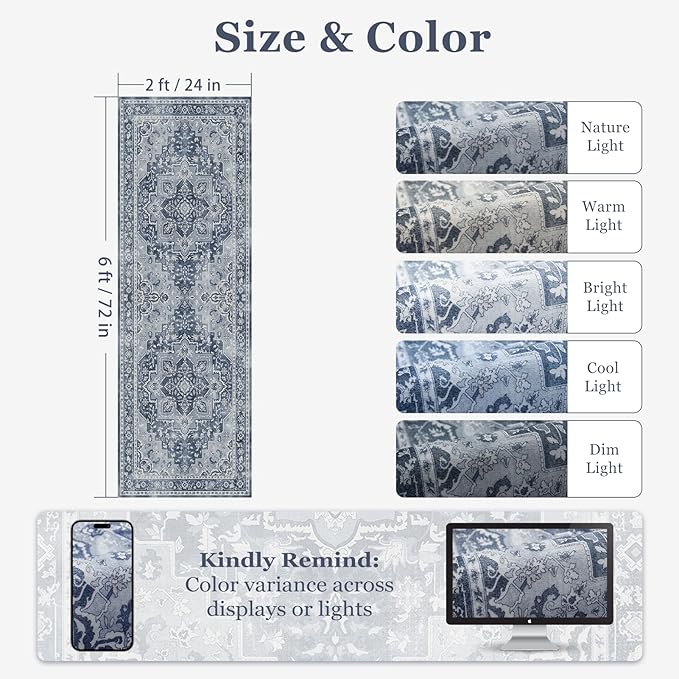 Blue Gray 2x6 Hallway Runner Rug, Carpet Runners 6ft for Kitchen Non Slip Washable, Modern Vintage Floor Runner for Entryway Foyer, Transitional Rug Runner for Bathroom Bedroom Laundry Room