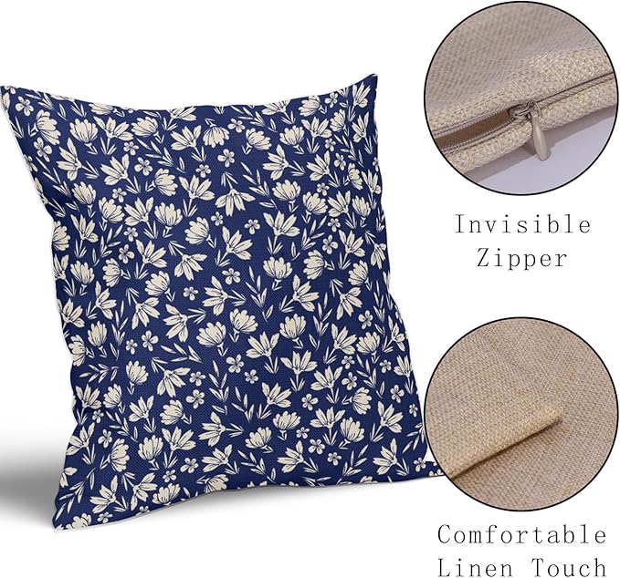Navy Blue Pillow Covers 24x24 Set of 2 Vintage Floral Rustic Old Style Cute Flower Print Decorative Outdoor Pillowcases Seasonal Farmhouse Throw Cushion Case Decor for Couch Sofa Bed
