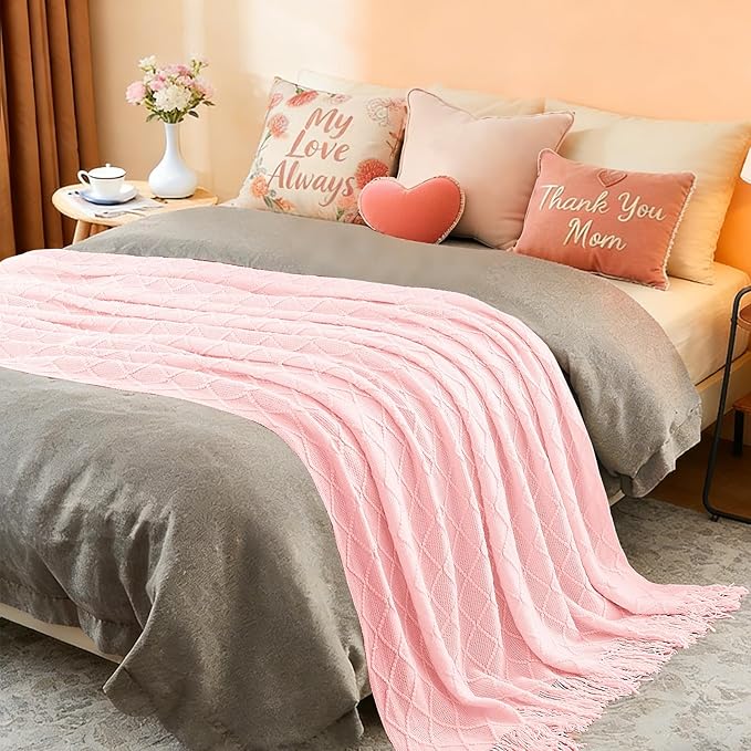 inhand Pink Knitted Throw Blanket for Couch Bed,Mothers Day/Mom Birthday Gifts for Mom from Daughter Son,Romantic Decor for Her Him Girlfriend Wife, Farmhouse Warm Woven for Women,50"x60"