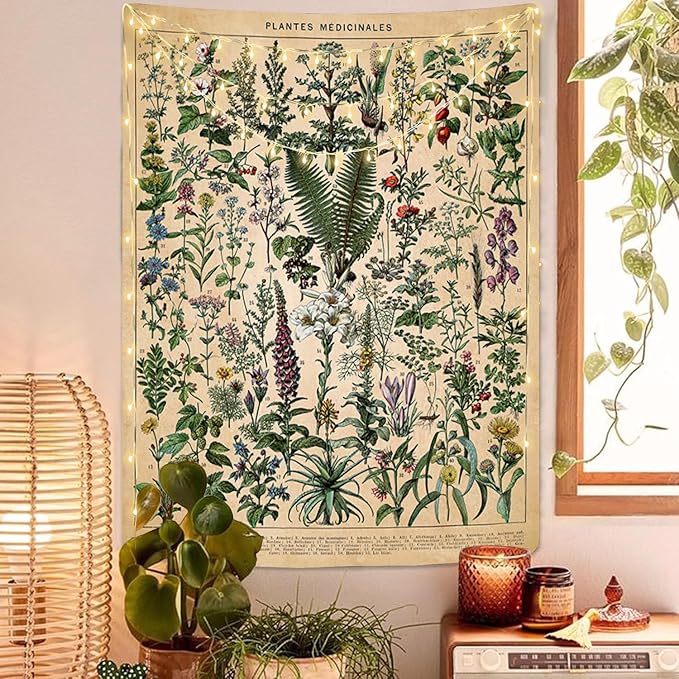 Vintage Flowers Tapestry 48”x36”, Long Vertical Wall Hanging Reference Illustrative Botanical Tapestries for Bedroom Aesthetic Floral Tapistry Botanical Plants Tapestry Wall Hanging Cute Bedroom Decor