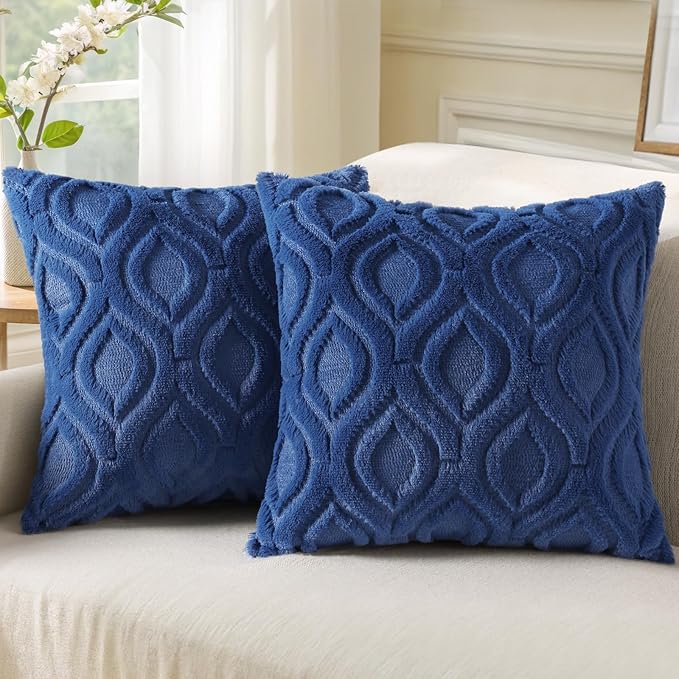 decorUhome Cozy Textured Throw Pillow Covers 20x20 Inch Set of 2, Soft Plush Faux Wool Dark Blue Accent Couch Pillow Covers for Modern Farmhouse Sofa Bed Living Room
