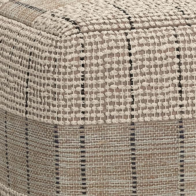 SIMPLIHOME Elmer Square Pouf - 18 inch Wide Handwoven Jute and Cotton Ottoman in Natural and Grey, Contemporary Footstool or Extra Seating for Living Room, Bedroom, or Kids Room, Assembled