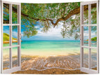 EOBTAIN Beach Window Tapestry - Coastal Beachy Summer Nature Landscape Wall Hanging for Bedroom, Living Room, Dorm - Ocean and Tree Scenery - 60x40 Inch
