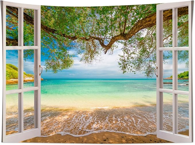 EOBTAIN Summer Beach Tapestry Wall Hanging Coastal Beachy Landscape outside the Window Wall Tapestry for Bedroom Ocean Scenery Tapestries for Living Room Dorm Home Decor,80x60 Inch