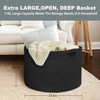 115L Super Large Black Blanket Basket, 23.6"x15.7" Woven Rope Bin for Storage, Oversized Kids Dog Toy Storage Box Bins, XXXL Blanket Holder for Living Room, Jumbo Wicker Basket for Organizing