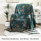 Boho 100% Cotton Large Throw Blanket - All Season Rustic Ultra Soft Breathable Floral Bird King Blanket for Bed Sofa Couch Chair Bedspread Quilt Gift, 91" x 98"-Teal/Beige