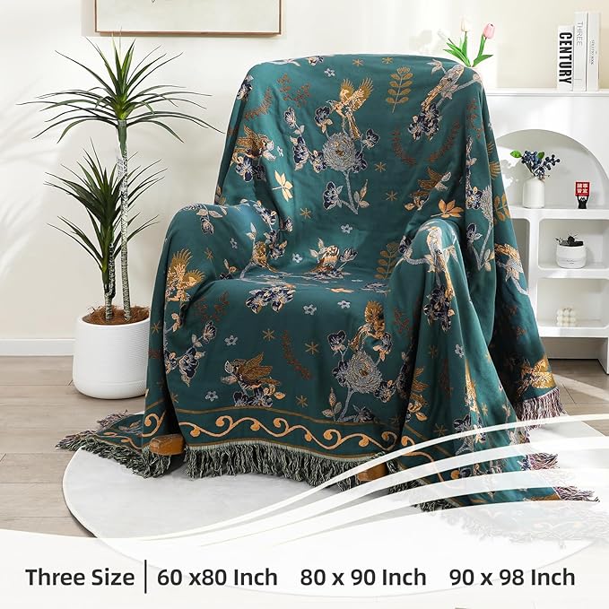 Boho 100% Organic Cotton Muslin Large Throw Blanket 60" x 80" - All Season Rustic Ultra Soft Breathable Floral Bird Blanket for Bed Sofa Couch Chair Bedspread Quilt Gift,-Teal/Green