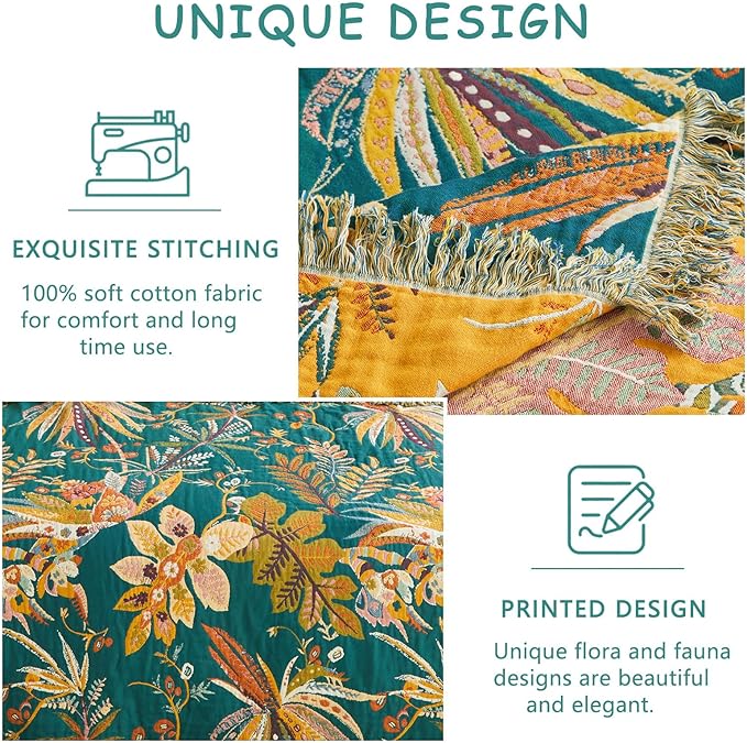Boho Throw Blanket - 50"x60" Soft Cotton Throw Blanket Muslin Blankets for Bed, Reversible Lightweight Spring Blanket with Floral Printed, All Season Farmhouse Decor Rustic Blanket