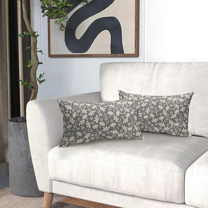Grey Gray Pillow Covers 12x20 Set of 2 Vintage Floral Rustic Old Style Cute Flower Print Rectangle Decorative Outdoor Pillowcases Seasonal Farmhouse Throw Cushion Case Couch Sofa Bed Decor