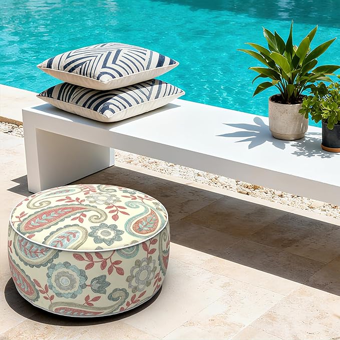 LVTXIII Indoor/Outdoor Inflatable Ottoman with Handle D21 x H9 Inch, Weather-Resistant Round Footstool Pouf for Patio Camping Living Room, Portable Footrest Extra Seating, Paisley Vintage