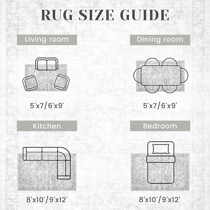 9x12 Area Rugs for Living Room: Washable Large Vintage Floral Rug Low Pile Non-Slip Boho Carpet for Bedroom Dining Home Office (Grey, 9'x12')