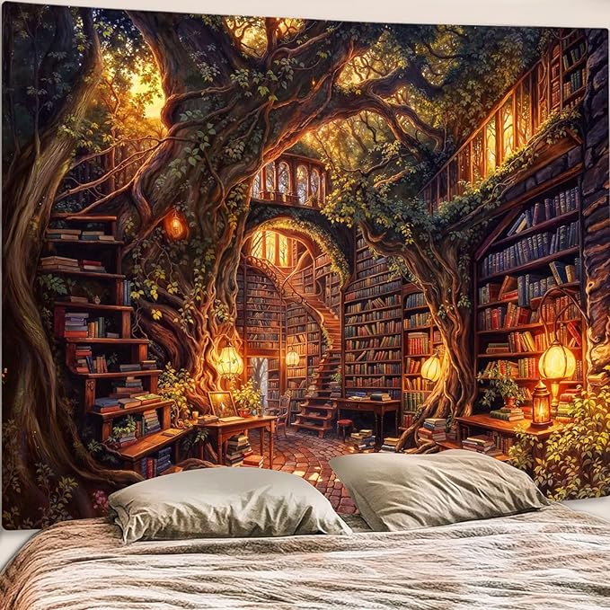 Accnicc Forest Library Tapestry Tree Bookshelf Tapestries Wall Hanging Vintage Fantasy Fairy Treehouse Book Large Tapestry for Bedroom Living Room Dorm Classroom 80 x 60 inch