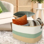 danpinera Large Woven Basket, 108L Rectangular Woven Storage Basket with Leather Handles, Stylish Organizer Bin for Home, Office, Laundry, Toys, or Blankets, 25’’*16’’*16’’ White & Green & Jute