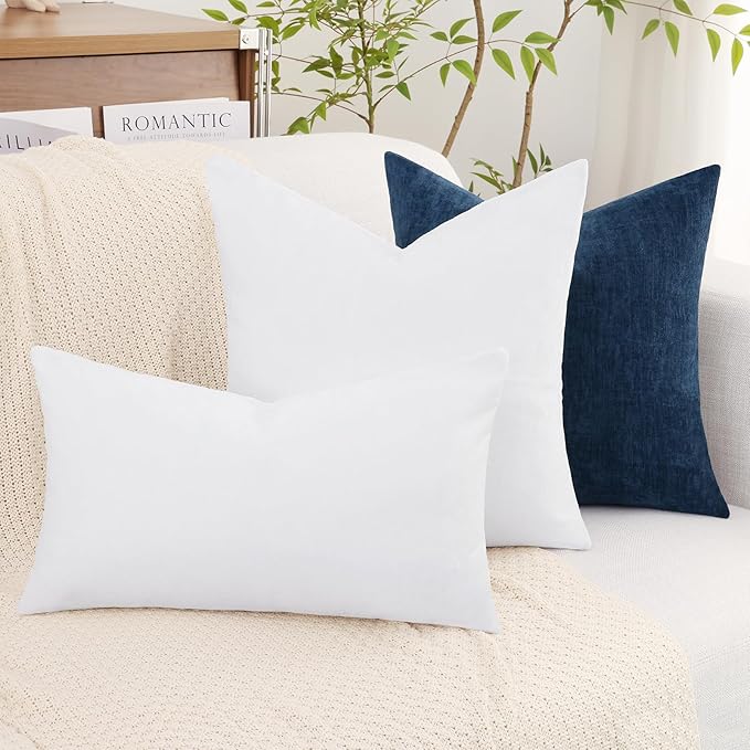 decorUhome Chenille White Spring Throw Pillow Covers 18x18 Inch Set of 2, Decorative Soft Couch Pillow Covers Solid Dyed Accent Farmhouse Neutral Square Pillow Cases for Sofa