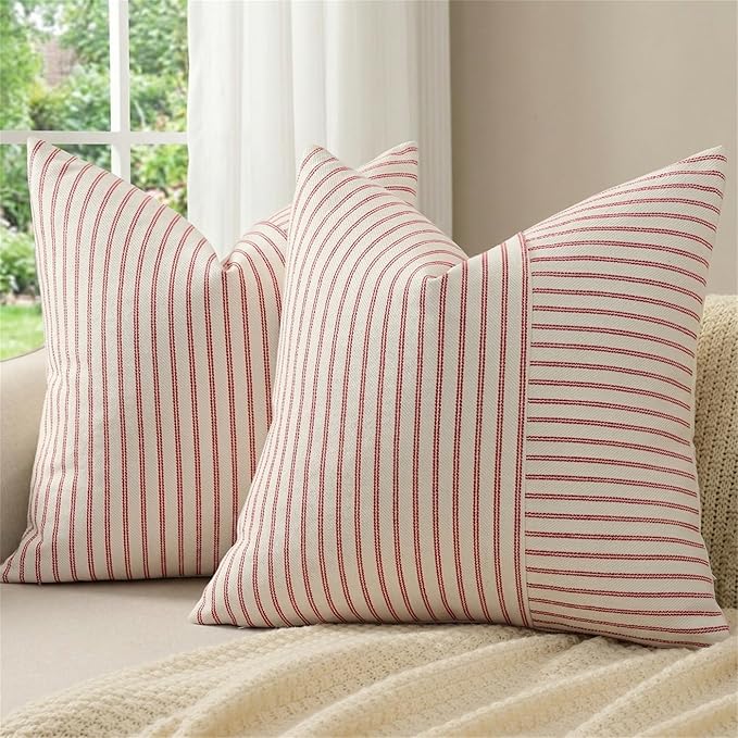 YCOLL Christmas Pillow Covers 22x22, Modern Accent Lumbar Throw Pillow Covers Set of 2, Red and Beige Striped Patchwork Linen Decorative Pillows Cushion Covers Christmas Decorations