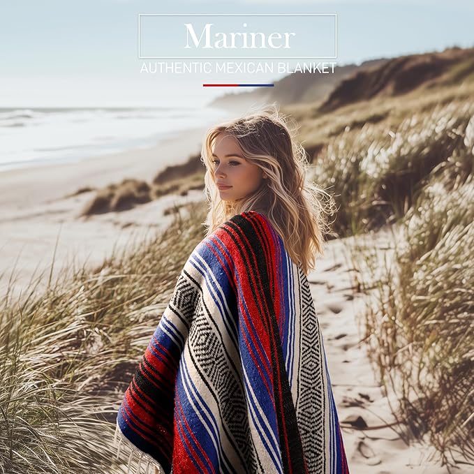 Hydration Nation Authentic Large Handwoven Mexican Striped Throw Blanket - Soft, Durable, Eco-Friendly - 70"x50" - Mariner