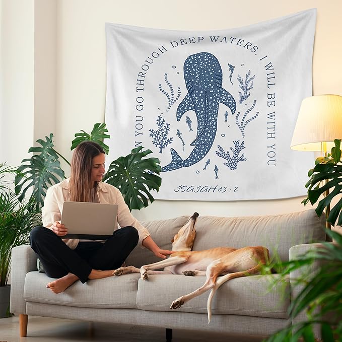 HUGANE Whale Shark Christian Tapestry, Isaiah 43:2 Bible Verse Tapestry Wall Hanging, Religious Bible Scripture Wall Blanket Backdrop Decor for Home Bedroom Living Room, 50x60 Inch