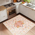 Area Rugs Square 4ft Washable Non-Slip, Floral Vintage Distress Print Pattern Medallion Carpet for Living Room Bedroom Dining Room, Light Pink Colorful