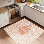 Area Rugs Square 4ft Washable Non-Slip, Floral Vintage Distress Print Pattern Medallion Carpet for Living Room Bedroom Dining Room, Light Pink Colorful